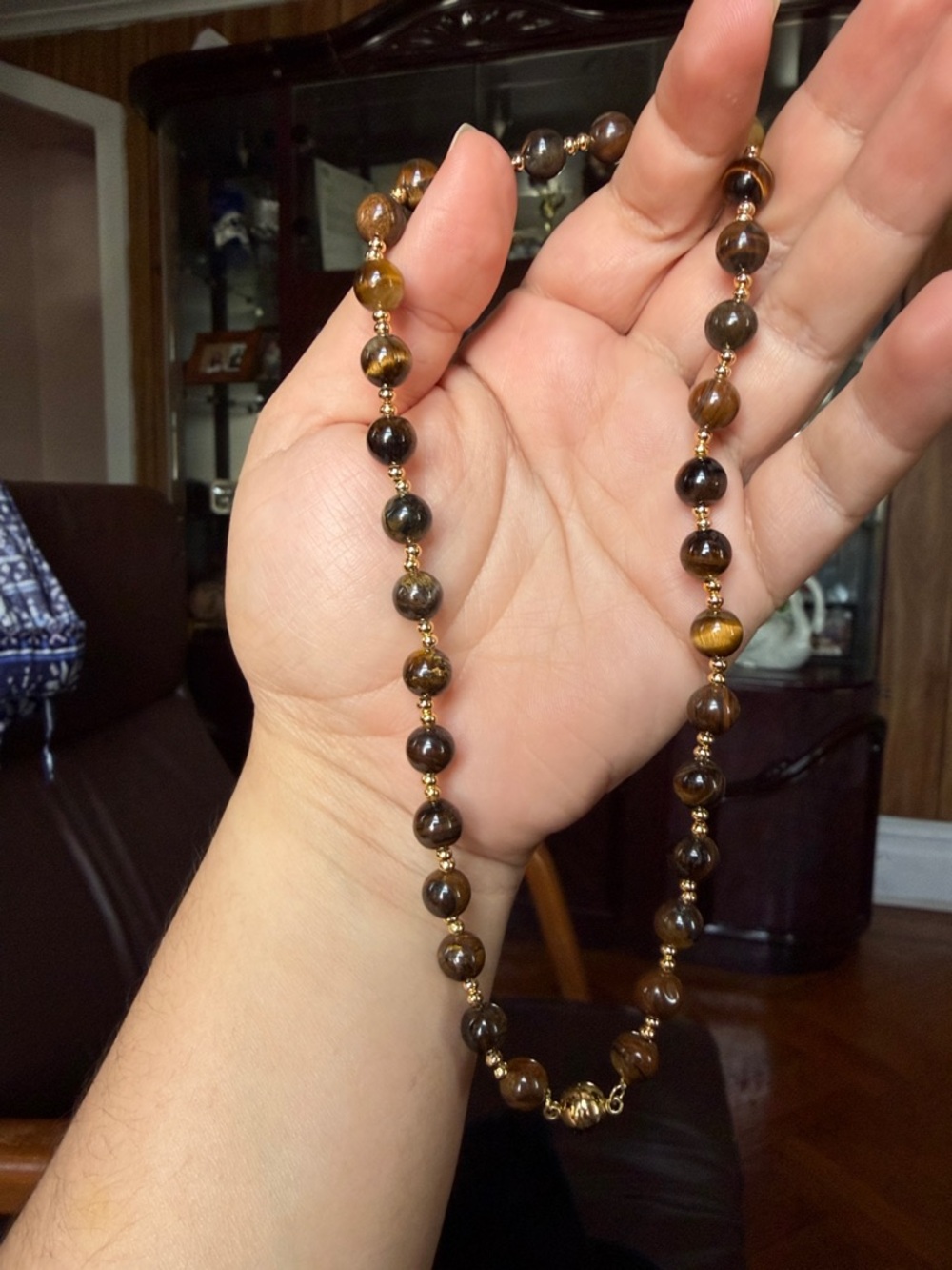 Tiger Eye Beaded Necklace - Brown Gold - Unbranded